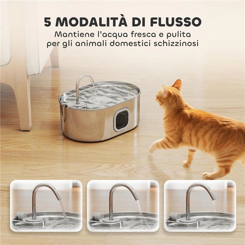 FONTANELLA PER GATTO DA 7L CON LUCE LED E SPAZZOLA, IN ACCIAIO INOX 304, 32X22.1X22.3 CM, ARGENTO