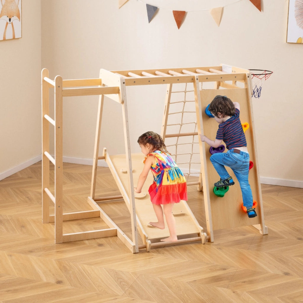 Parco giochi bambini 6 in 1 legno set arrampicata con scivolo, Parco giochi bambini arrampicata e canestro basket Legno naturale-Arrampicate e scivoli