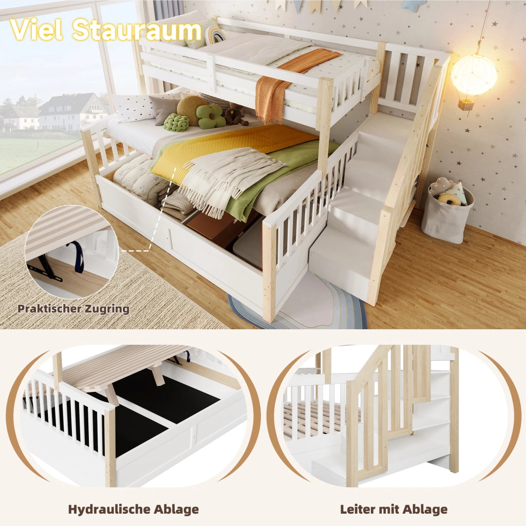 DESMIU Letto a castello 2 posti 90 × 200 cm e 140 × 200 cm con scala contenitore, vano idraulico, senza materasso