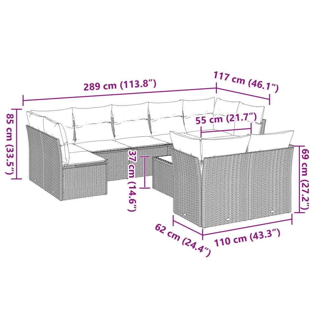 Set Divano Giardino 10 pz con Cuscini Grigio Chiaro Polyrattan