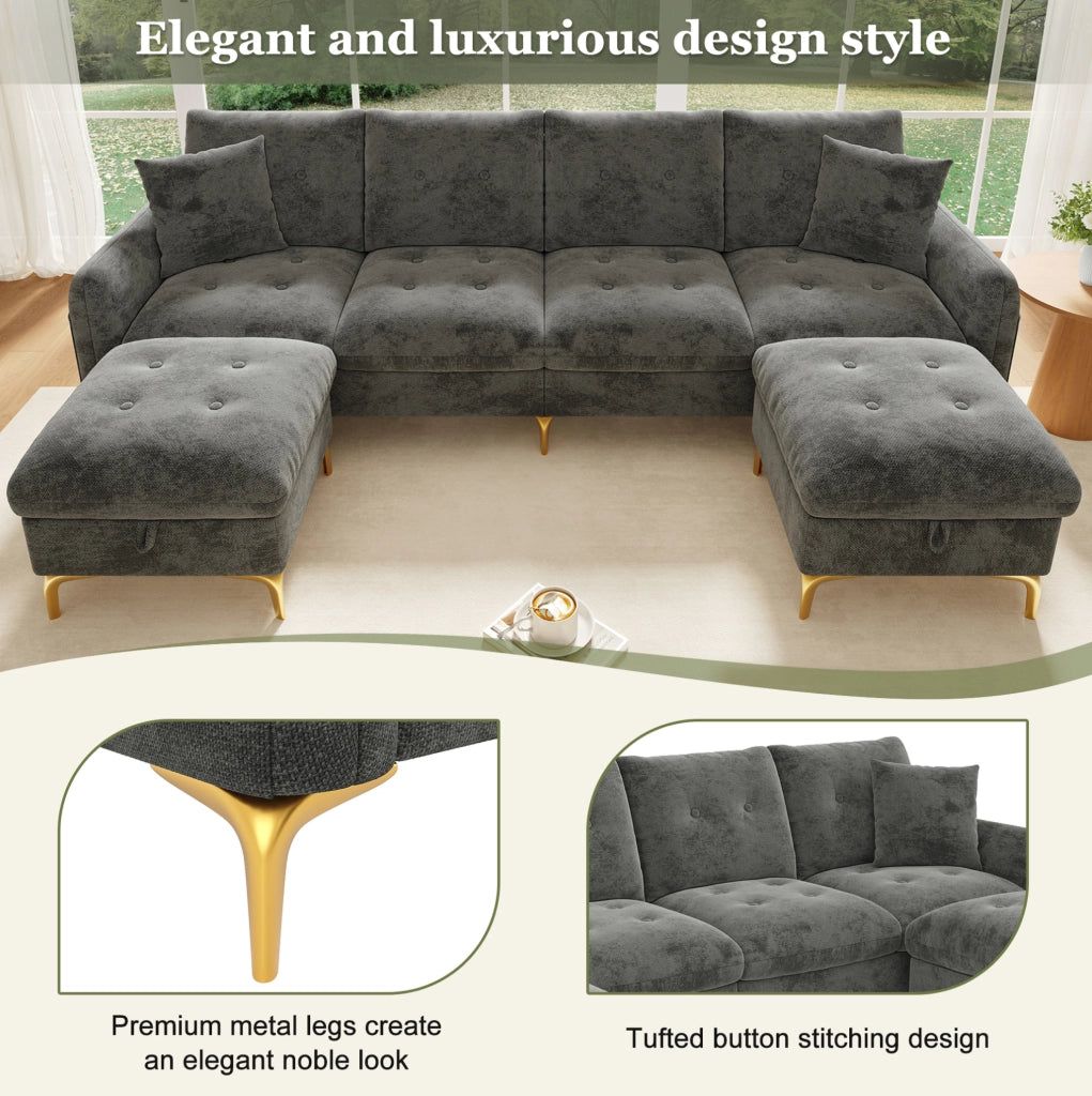 Divano modulare angolare 4 posti con 2 pouf contenitori e 2 cuscini decorativi, 263×137×85 cm, grigio