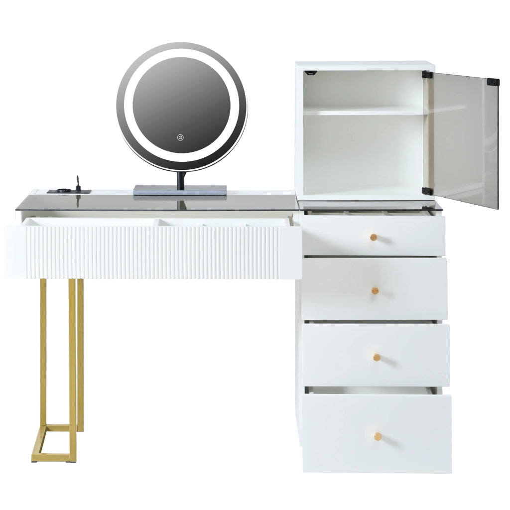 Set toeletta moderno con specchio LED, 5 cassetti, armadietto con anta in vetro e piano in vetro temperato, bianco, 120 x 40 x 120 cm