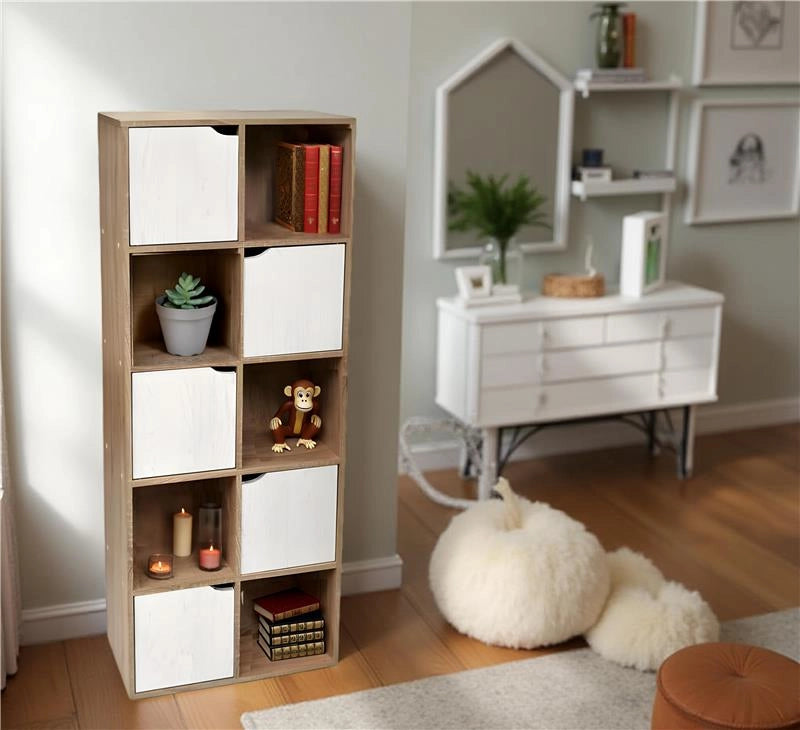 LIBRERIA CUBICA IN LEGNO COLORE LEGNO LEGGERO E BIANCO CON CASSETTI A FORMA DI CUBO APRIBILI 60X30X153H CM