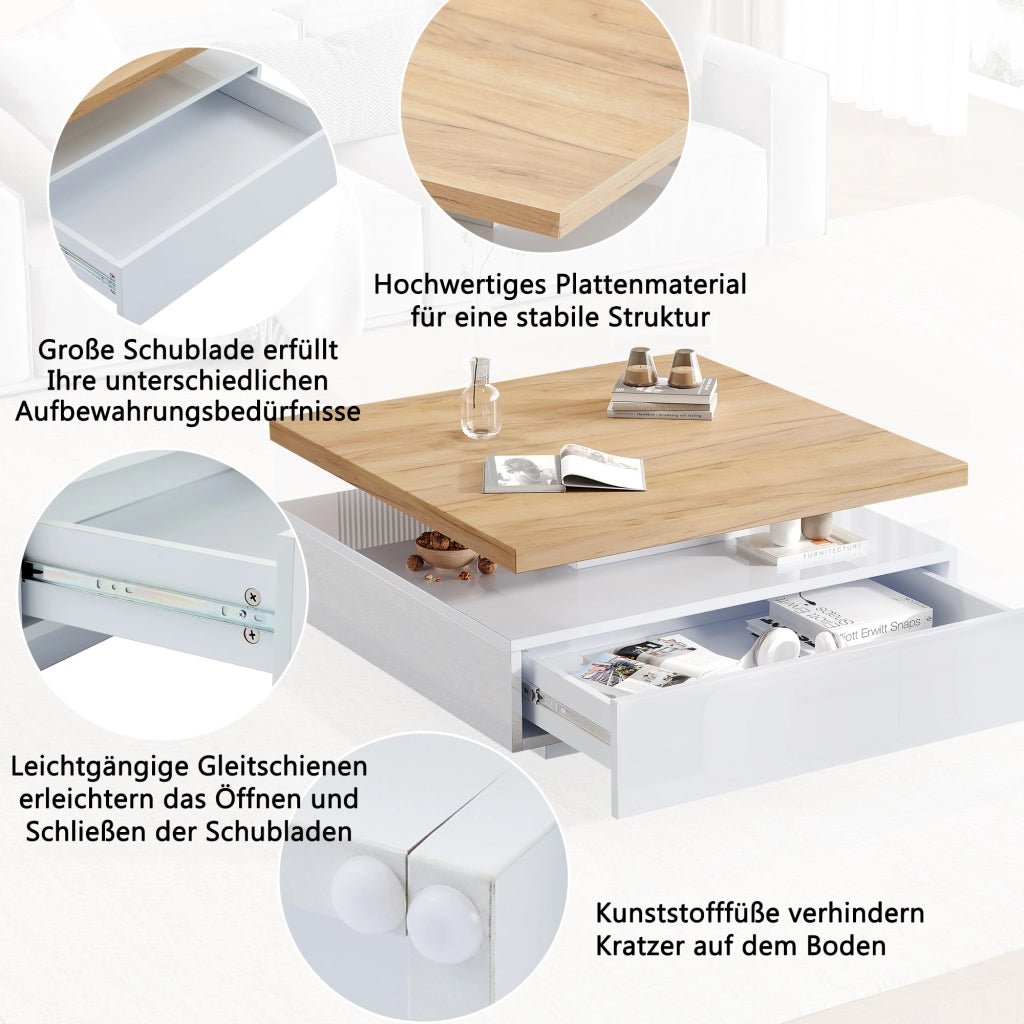 Tavolino basso con piano girevole 360° e cassetto, finitura lucida, in truciolato, noce e bianco, 70 × 70 × 36 cm
