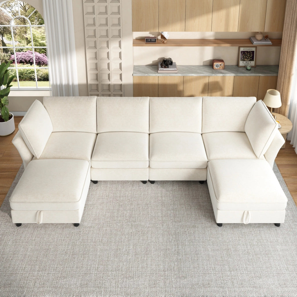 Divano angolare modulare a U con spazio contenitore e cuscini per 6-7 persone, in ciniglia beige, 289 × 137 × 84 cm