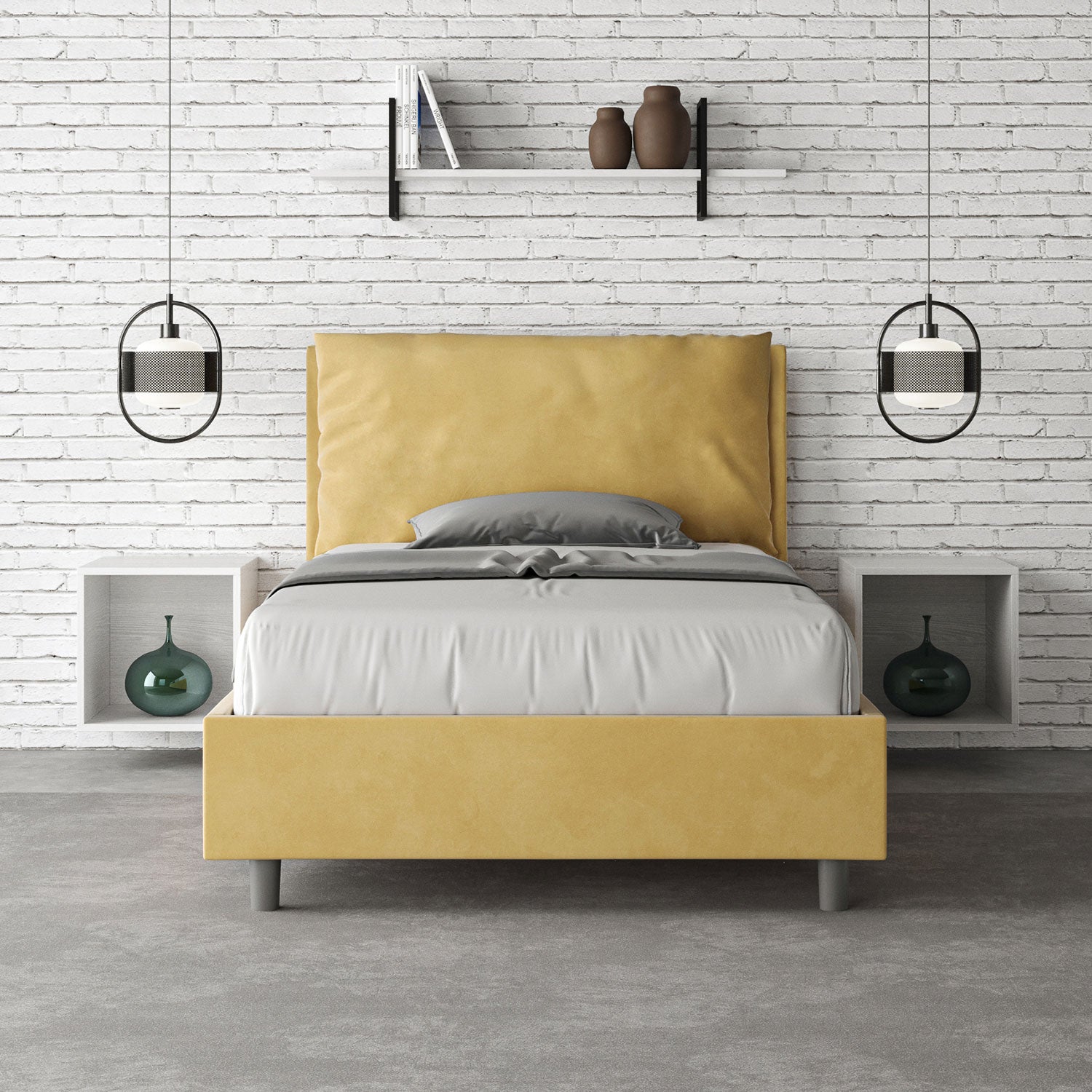 Letto 1 Piazza E Mezzo 120x190 cm con Rete Imbottito in Microfibra Antea Large Ocra