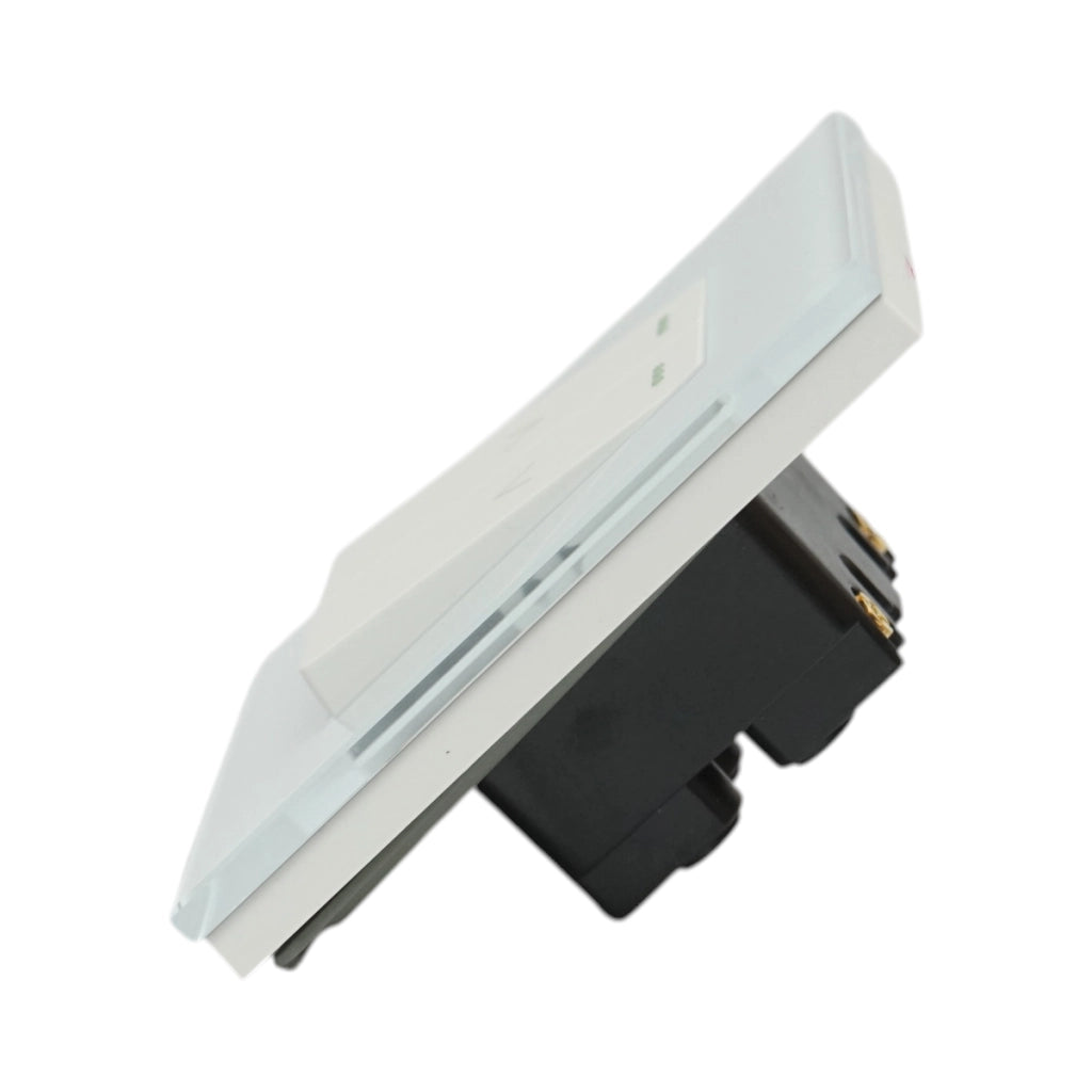 Interruttore doppio per tapparelle bianche da incasso 220V, 16AX, spia luminosa, cornice in vetro 86x86x34mm