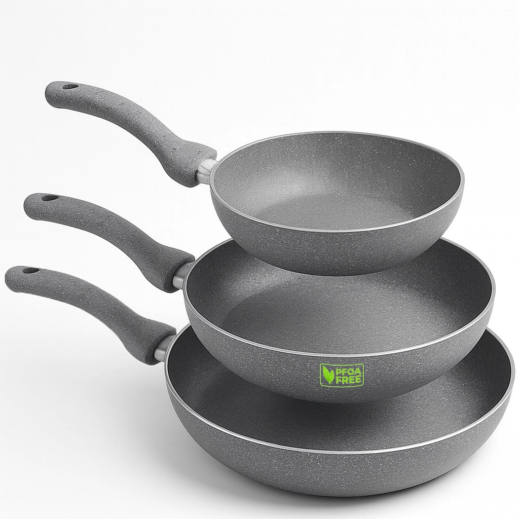 Set 3 Padelle Antiaderenti Effetto Pietra Gas Manici Soft Touch Made in Italy