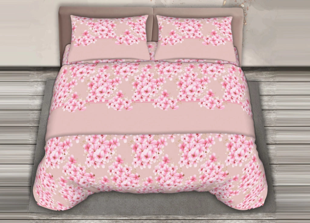 Completo Lenzuola Stiro Facile 100% Cotone Made Italy Effetto Seta Fiorellino - Matrimoniale - Rosa
