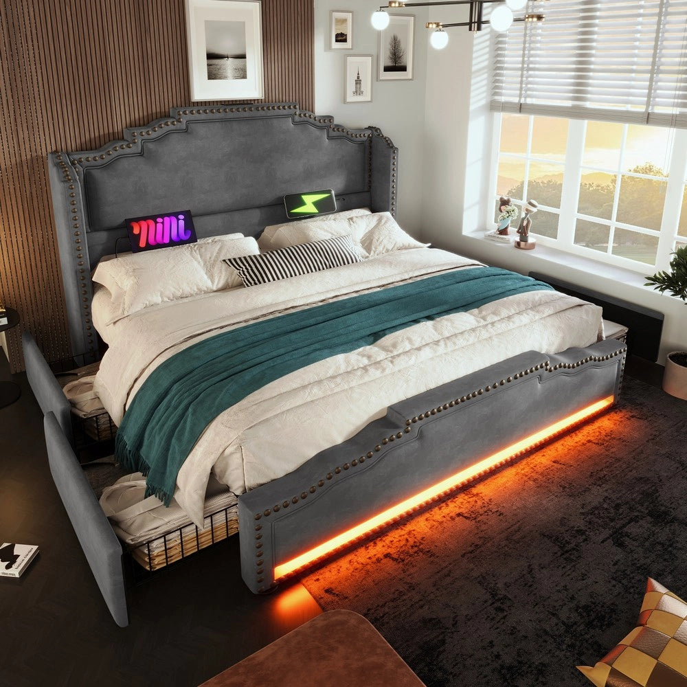 Letto Contenitore Imbottito 180x200 ¨C MINIMAL ¨C Velluto Grigio, 4 Cassetti, LED, Doghe