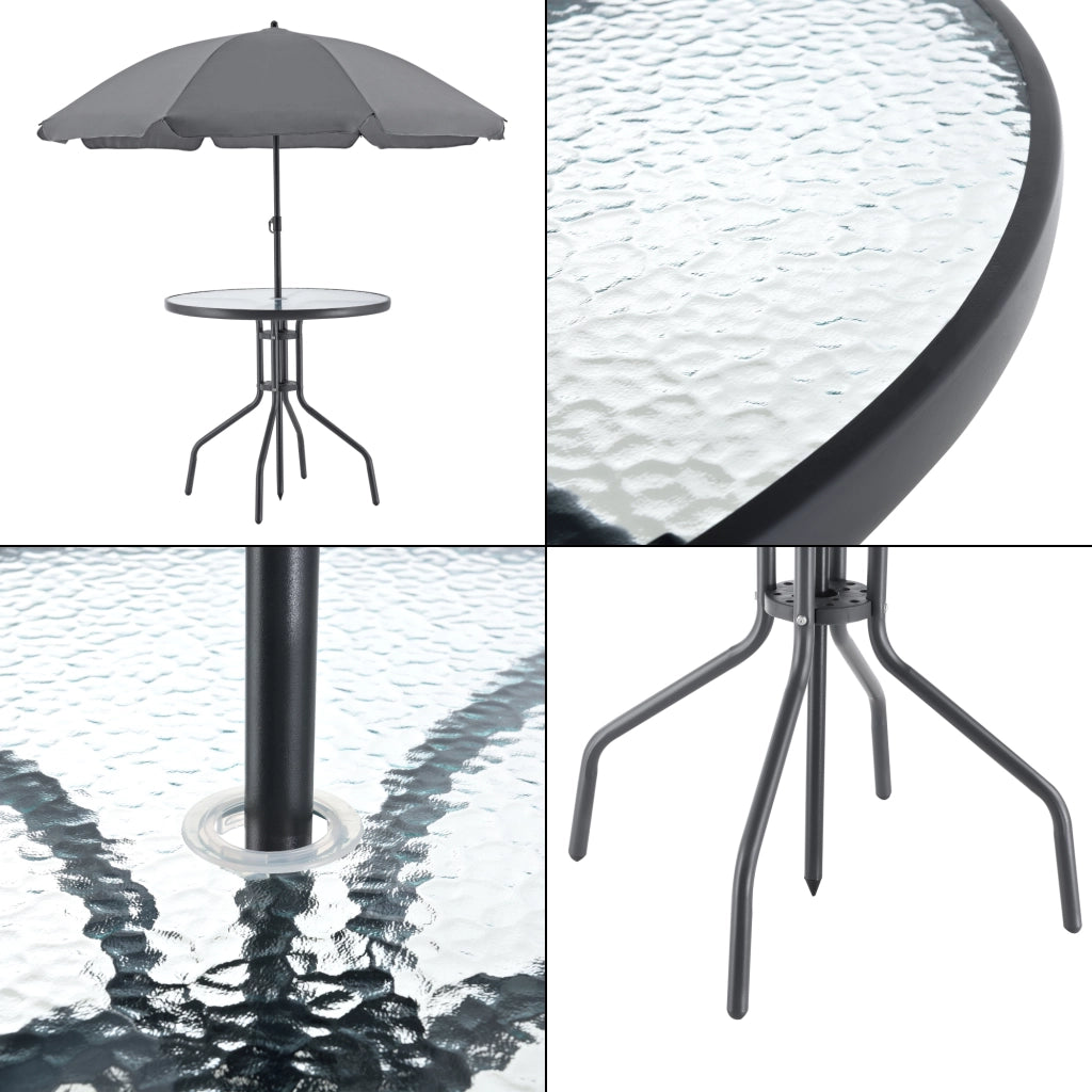 Set Mobili da Giardino Composto di Tavolo, 4 Sedie e Ombrellone - Set di Arredo ad Uso Esterno con Sedie Pieghevoli, Piano Tavolo in Vetro Temperato