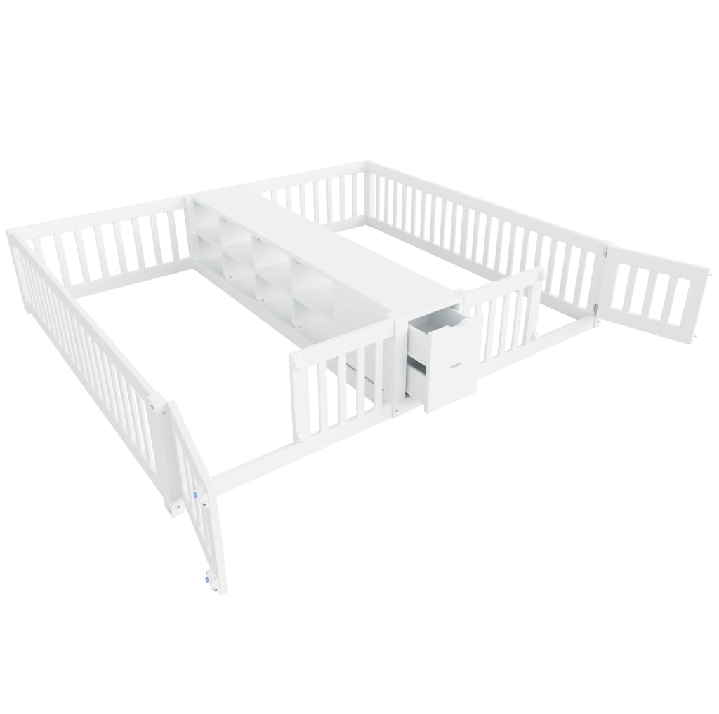 Letto 90x200 cm con ripiani e cassetti; sponde alte in legno bianco