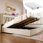 Letto contenitore ULEVR 140x200 cm con LED, USB e Type-C, testiera regolabile in lino beige