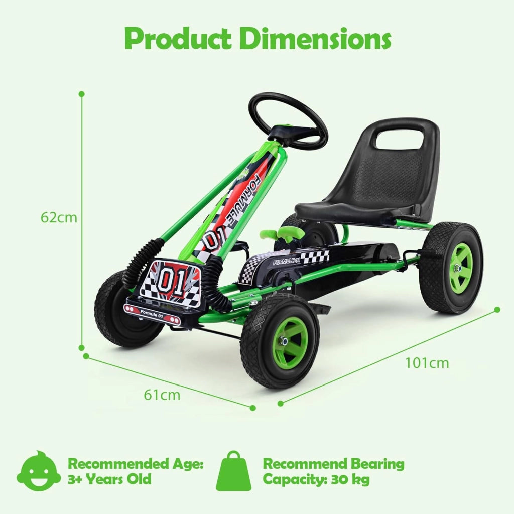 Go Kart a Pedali per Bambini, Macchina per Bambini con Sedili Regolabili in 2 Posizioni e 4 Ruote Antisdrucciolo, Carico 30 kg, per 3 Anni + (Verde, 101 X 61 X 62 CM)