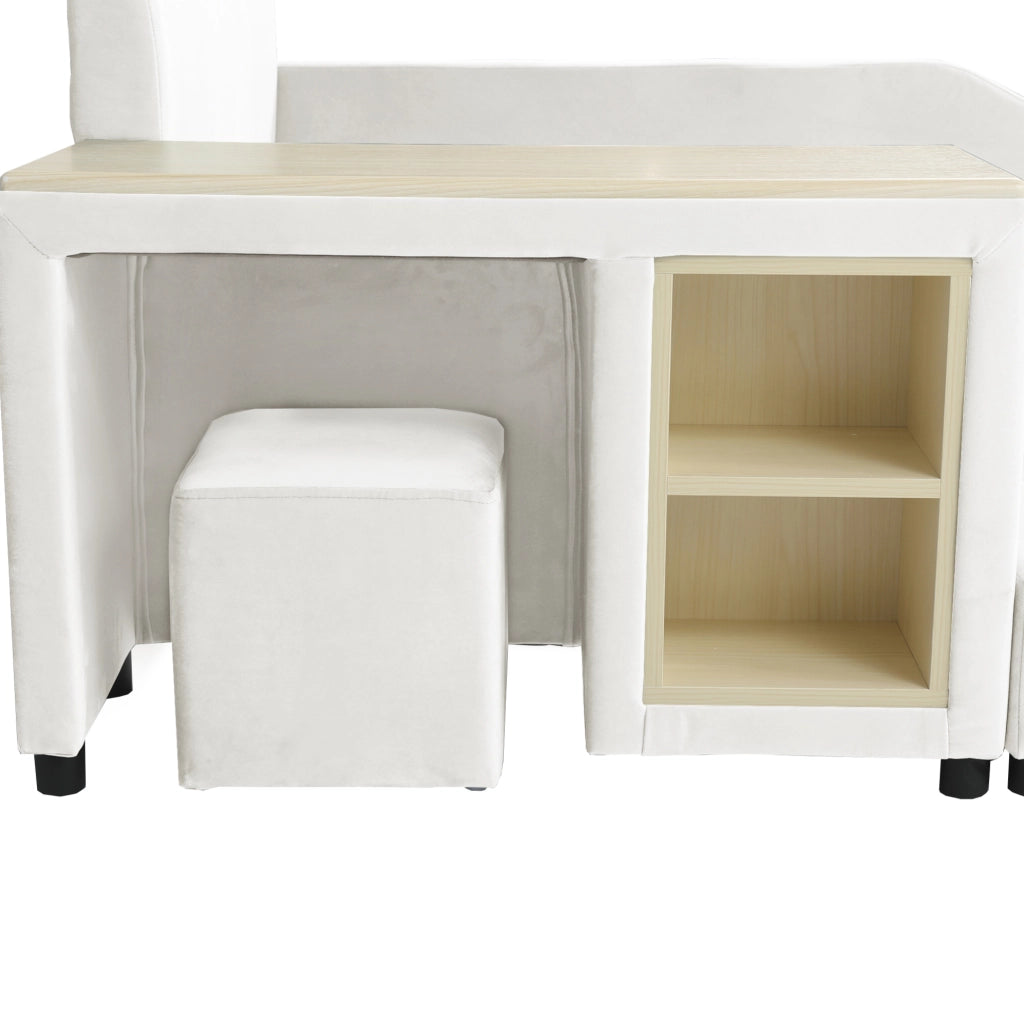 Letto singolo imbottito ULEVR 90x200 cm con scrivania, sgabello e ripiano, velluto bianco