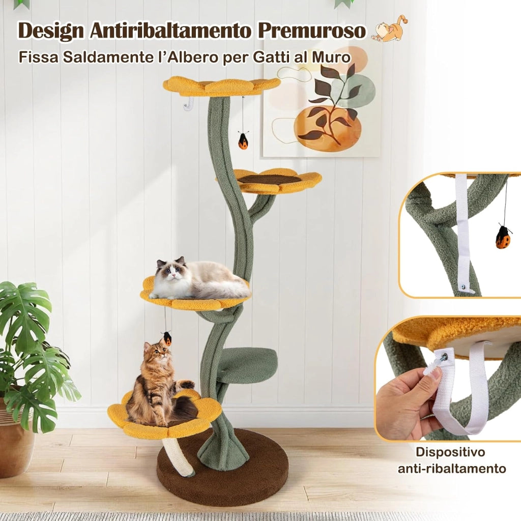 Albero per Gatti, Tiragraffi per Gatti a Forma di Girasole con 4 Piattaforme a Forma di Fiore, Pali Tiragraffi, Base Rotonda Ampia, Piattaforma Imbottita e Pallina Sospesa, Mobili Arrampicata