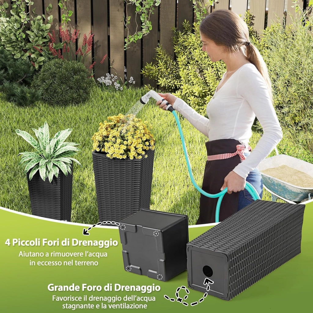 2 Vasi Alti per Piante da Interno ed Esterno, Grandi Fioriere in Rattan con Vassoi Interni Rimovibili, Fori di Drenaggio, Fioriere Decorative per Giardino, Cortile e Balcone (Nero)