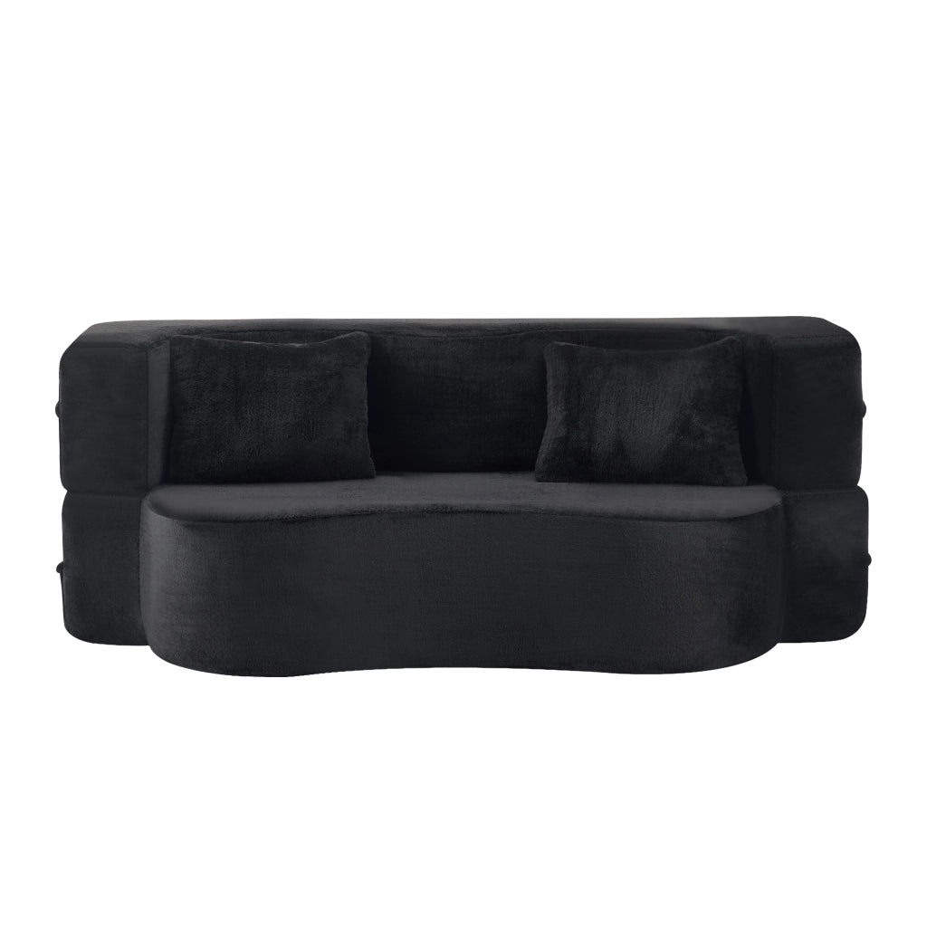 Divano letto pieghevole 2 posti con funzione letto e 2 cuscini in tessuto effetto peluche nero