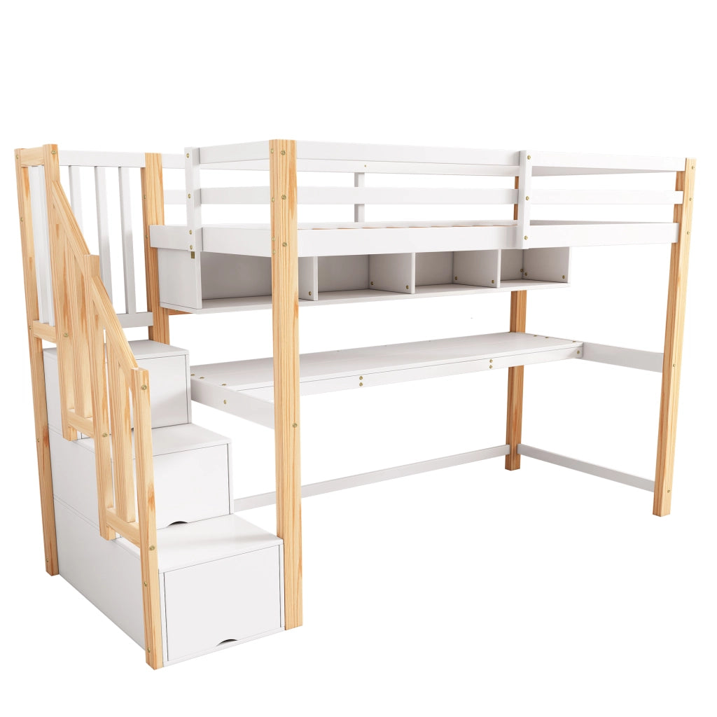 OKWISH Letto a Soppalco 90×200 cm, Letto Singolo con Scala Contenitore, Scrivania e Mensole, senza Materasso, in Legno, Bianco e Rovere