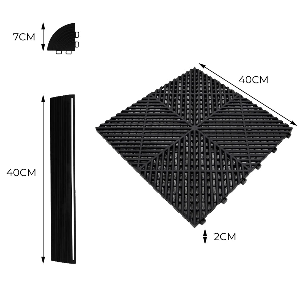 Piastrelle ventilate nere e grigie 3,2m x 6m per garage e officine, antiscivolo.