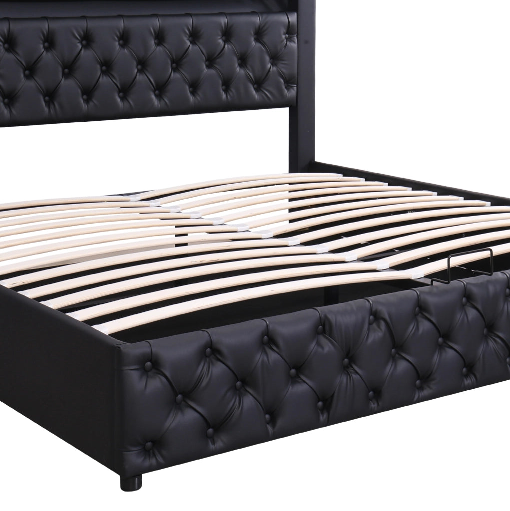 Letto imbottito 140x200 cm con contenitore; LED; PU nero