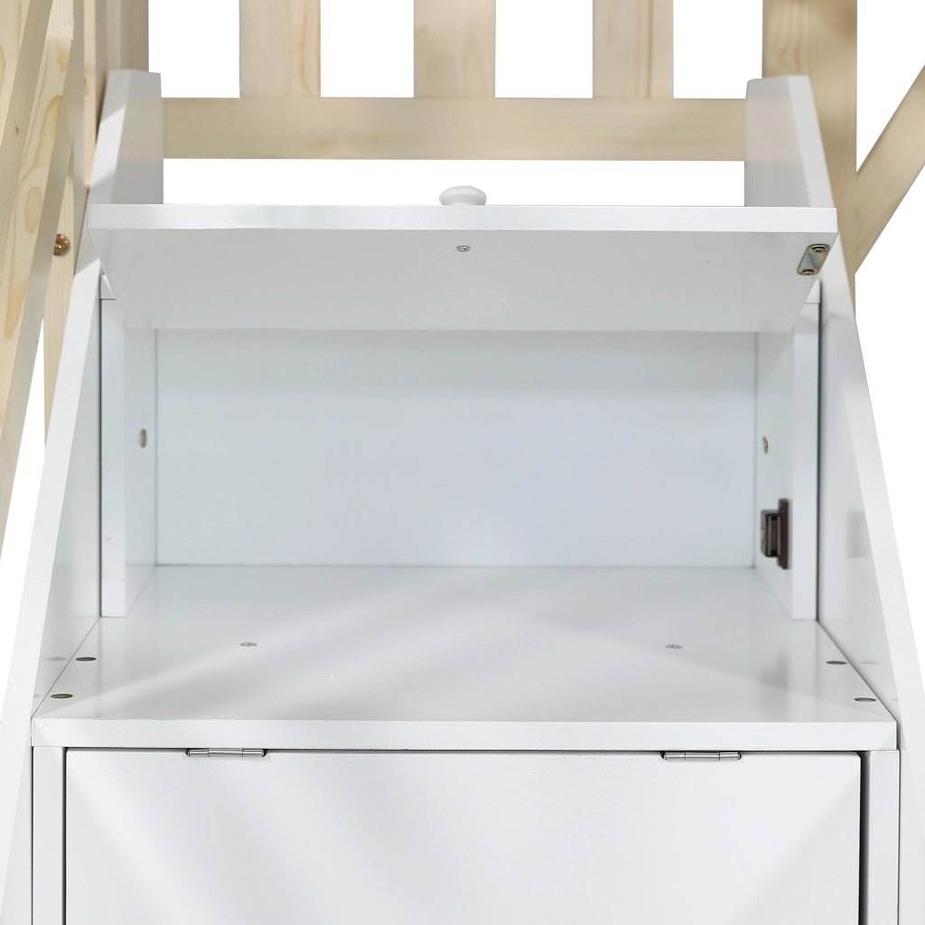 Letto a Castello 90x200 cm - Tetto; Lavagna e 3 Armadietti - in Legno - Bianco e Naturale