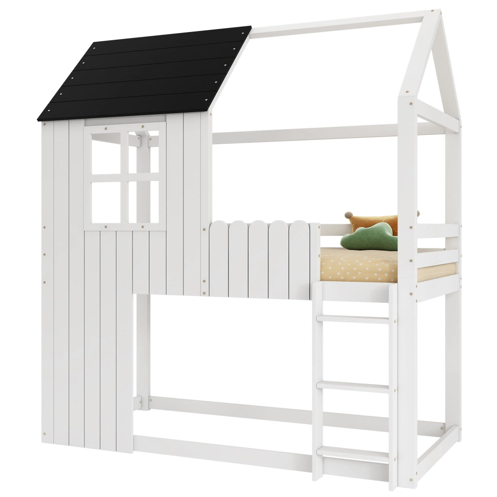 Letto a Soppalco 90x200 cm - Scala a 3 Gradini e Recinzione - in Legno - Bianco e Nero