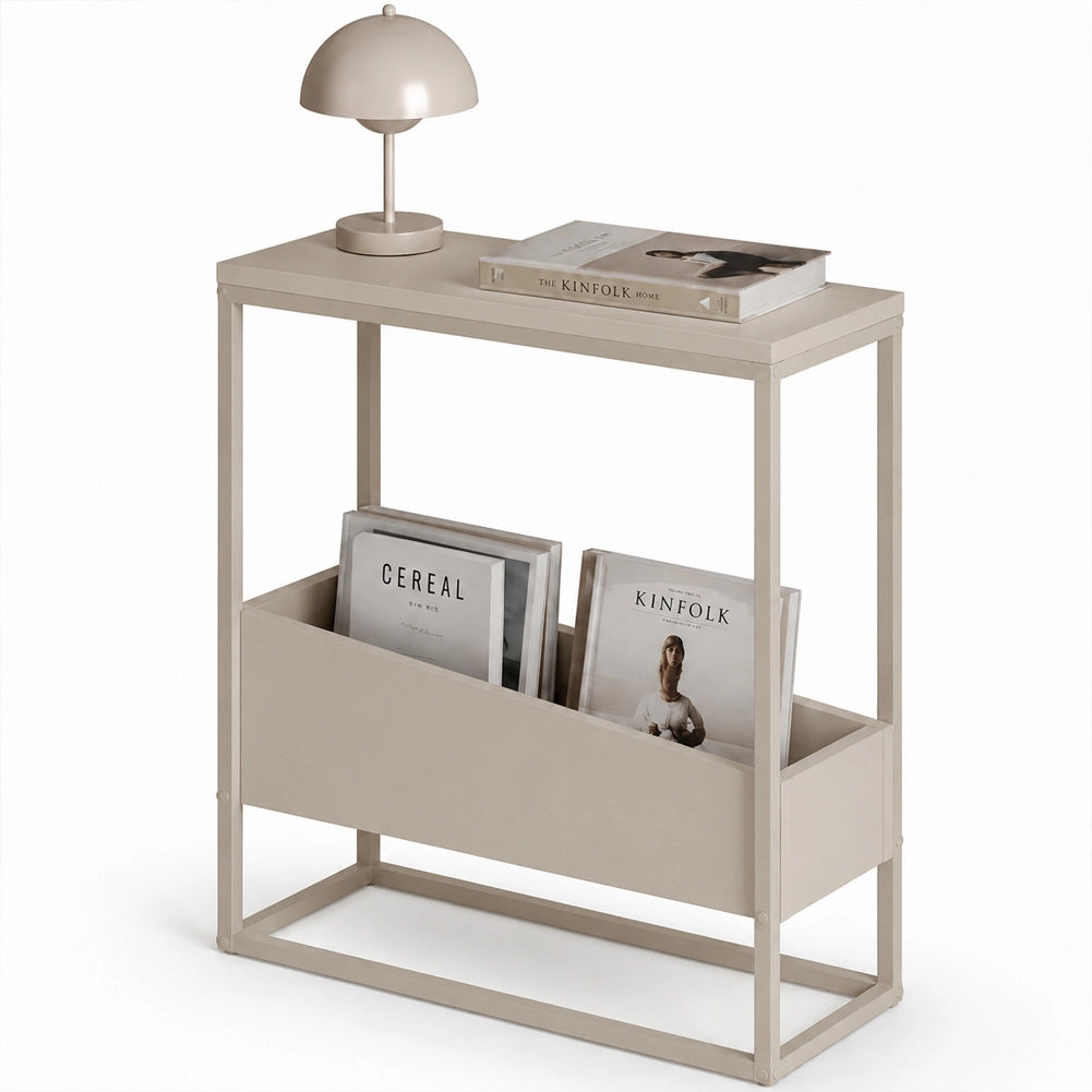 Tavolino Laterale Divano a 2 Ripiani Tavolo Multiuso Bianco e Sabbia 60x22x62cm