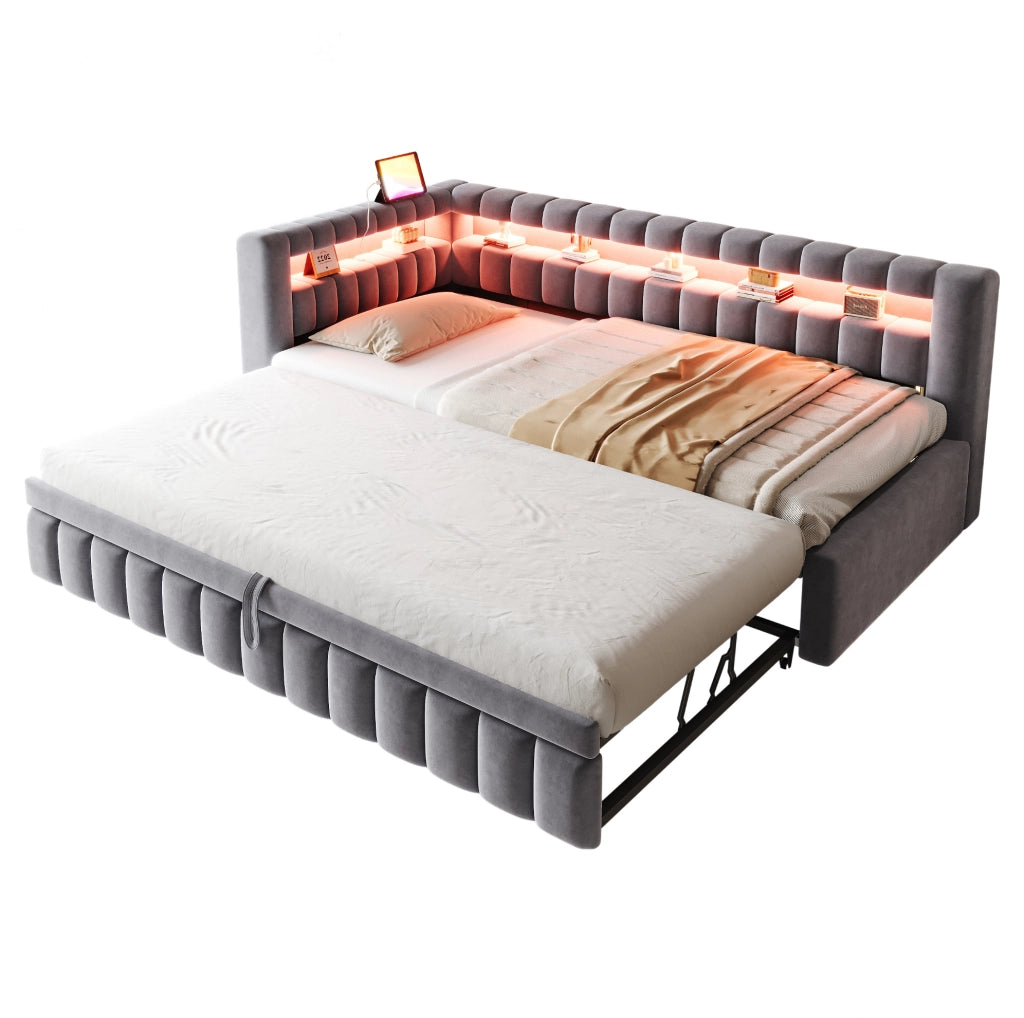 Divano letto estraibile 90x200 cm con LED, USB e vano portaoggetti