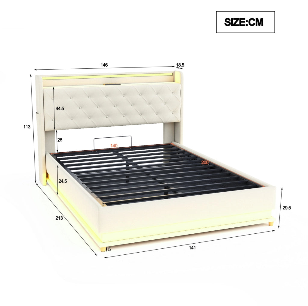 Letto imbottito LED 140x200 cm beige con USB e vano contenitore idraulico
