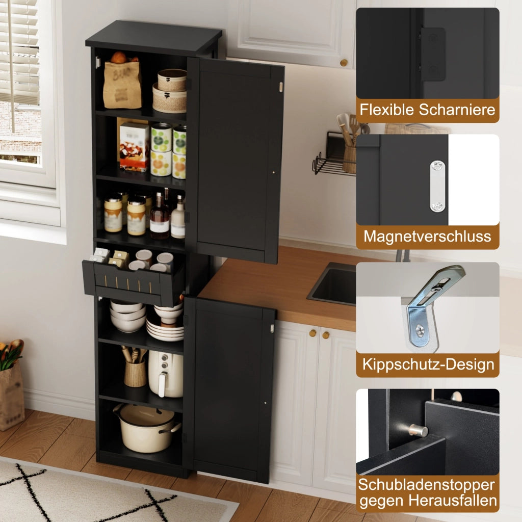 Mobile contenitore 170x40x30 cm in MDF nero con 4 ripiani regolabili e ante a griglia