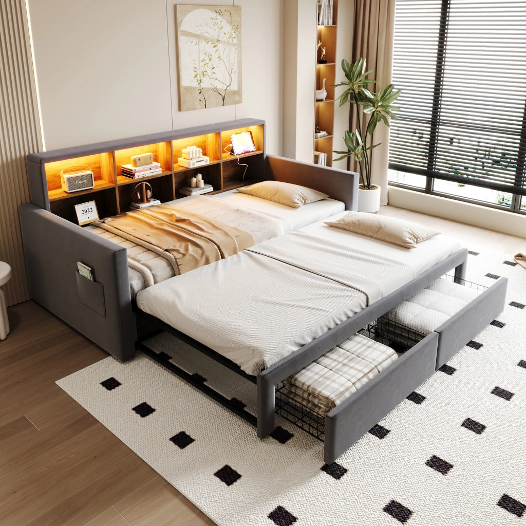 Letto imbottito estraibile 90x190 cm con contenitore, testiera con ripiani, luci LED, prese USB/Tipo C e 2 cassetti, velluto grigio