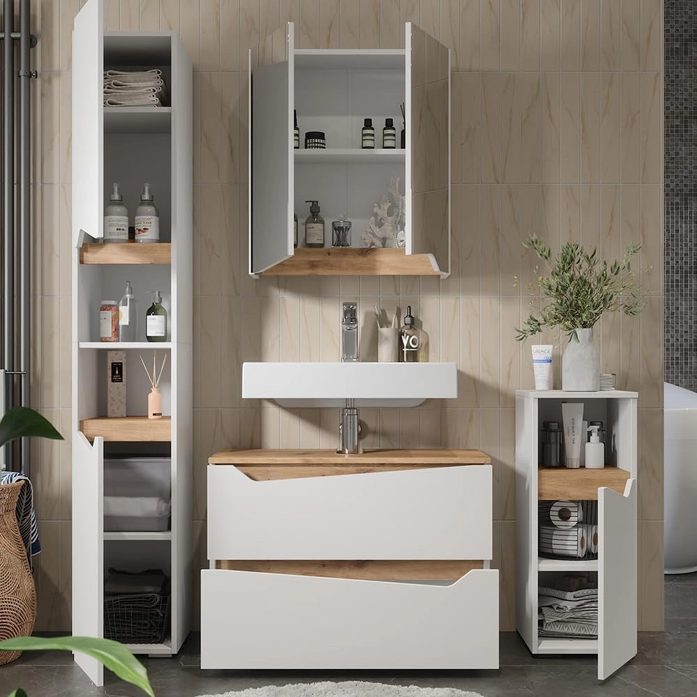 Set di mobili da bagno Marelle, Bianco, 80 cm, composto da mobile lavabo, pensile a specchio, colonna e base media