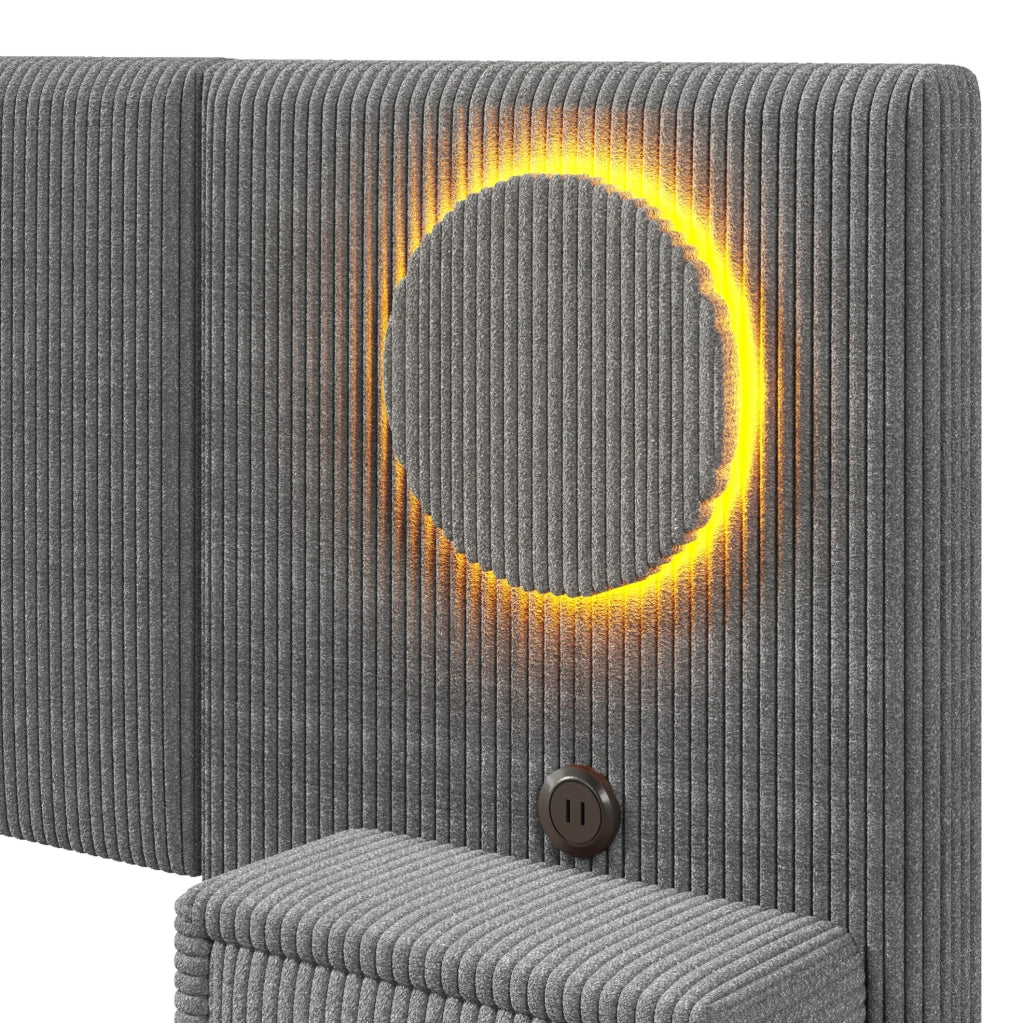 Letto imbottito 180x200 cm in velluto grigio con testiera LED, USB e comodini