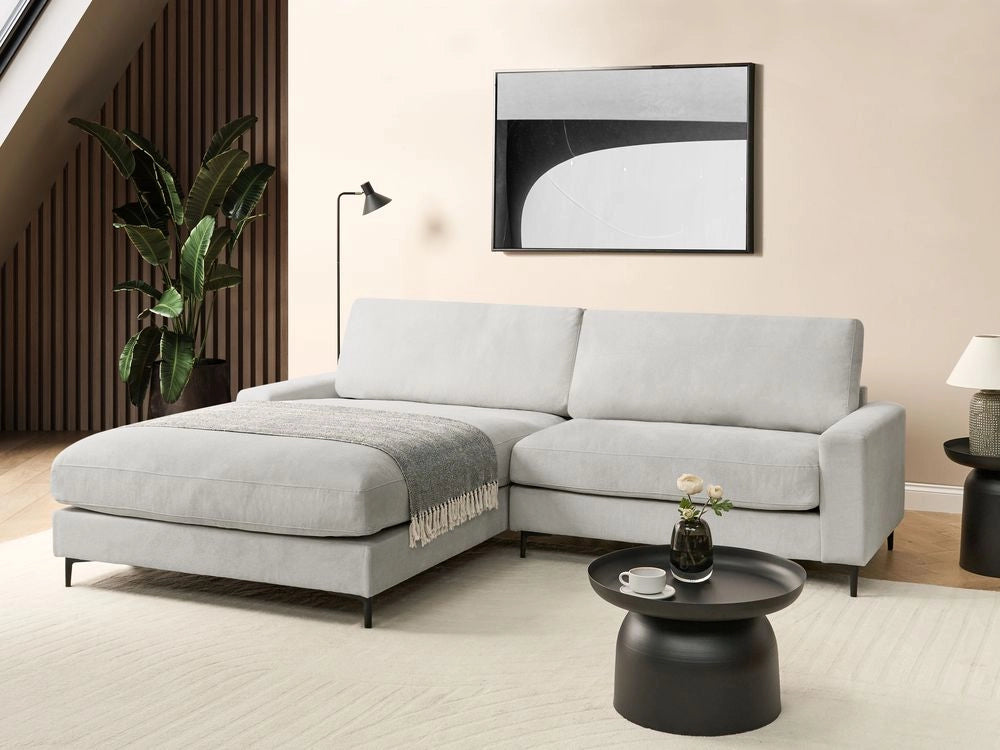 Divano angolare a destra in tessuto di ciniglia grigio chiaro Poliestere Metallo Gambe nere 190 x 272 x 83 cm Schienale imbottito e rifinito 3 posti a L Soggiorno in stile moderno
