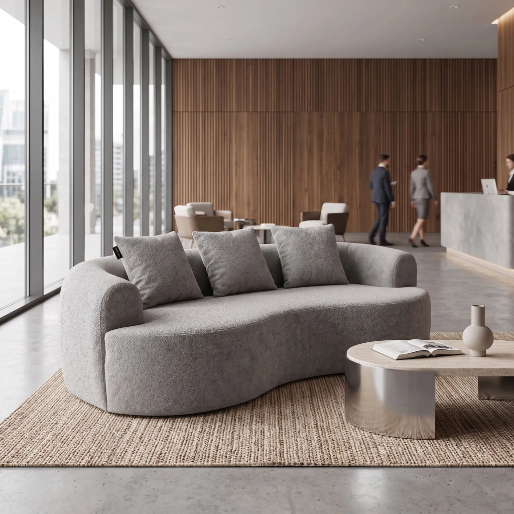 Yoko - Divano Angolare Curvo 200x62x105 a Compressione in Tessuto Bouclé Grigio