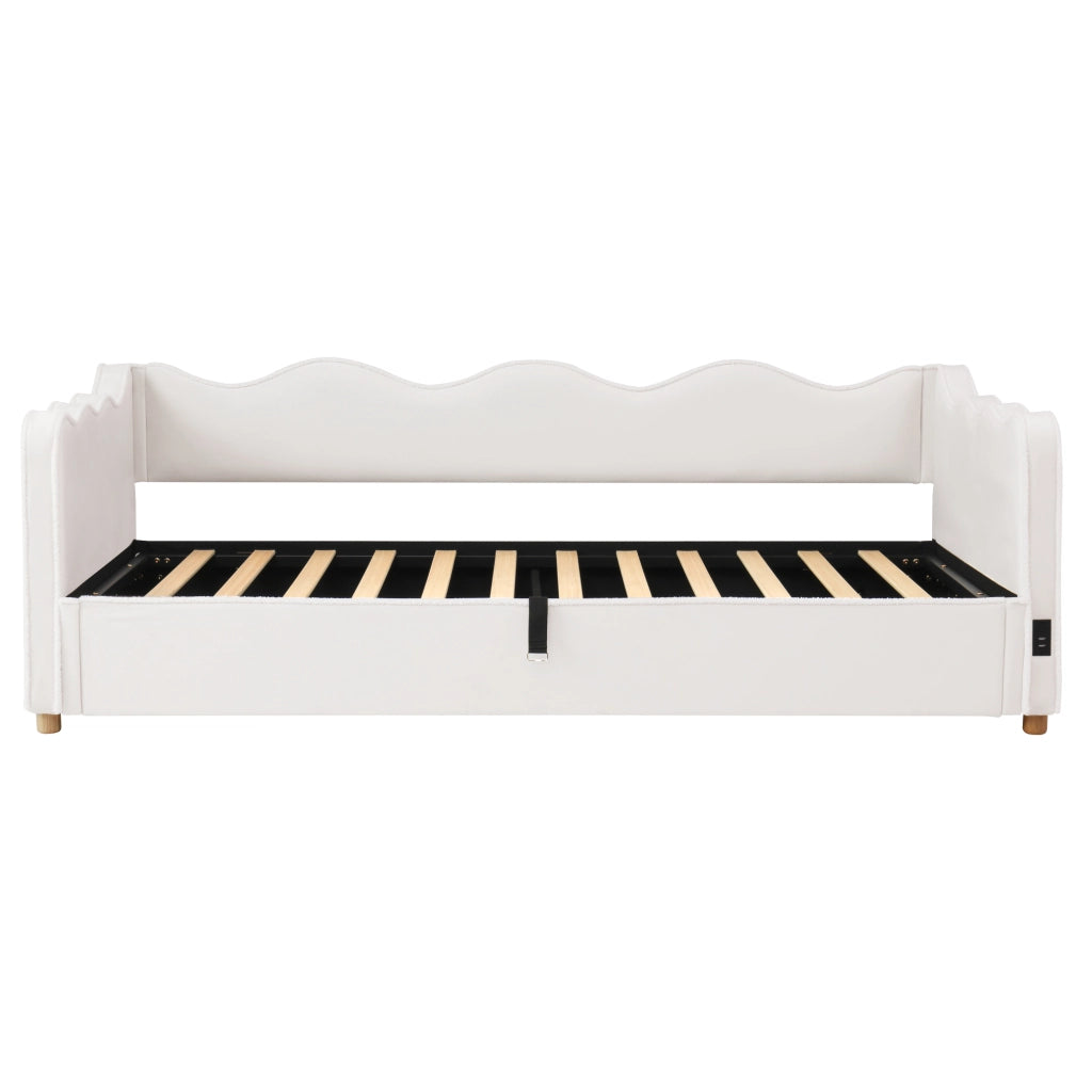 Letto imbottito 90x200 cm con contenitore idraulico, struttura con rete, velluto beige, USB e Type-C