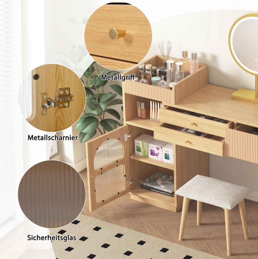 Toeletta naturale con specchio LED e mobile laterale 120x40x90 cm