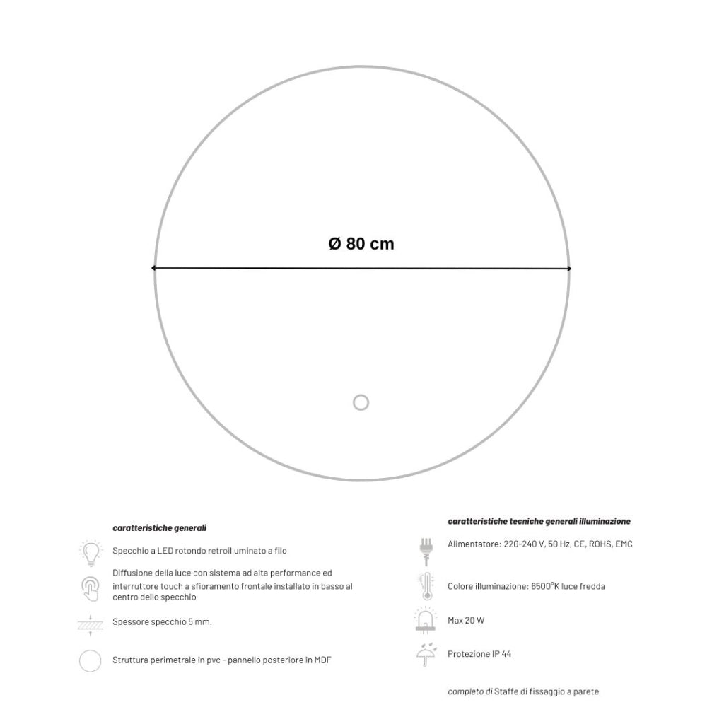 Specchio 5 mm tondo retroilluminato led interruttore touch pvc mdf *** misura Ø80, tonalità dimmerabile 2700-4500-6...