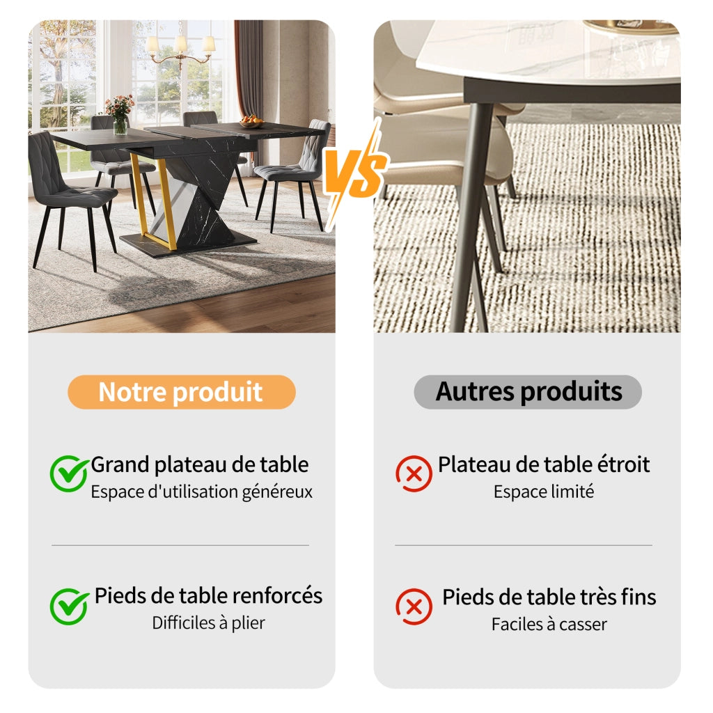 Tavolo da pranzo allungabile con piano effetto marmo, 1 allunga, in MDF e metallo, nero per cucina e soggiorno