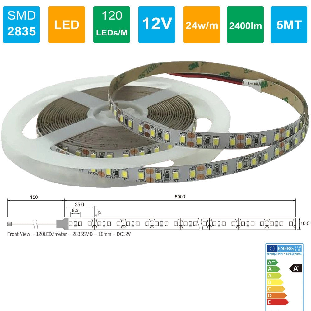 Trade Shop - Strip Led Striscia 600 Leds/m 12v 24w/m Lunghezza 5 Mt 2400 Lumen Senza Guaina - -bianco Freddo      -