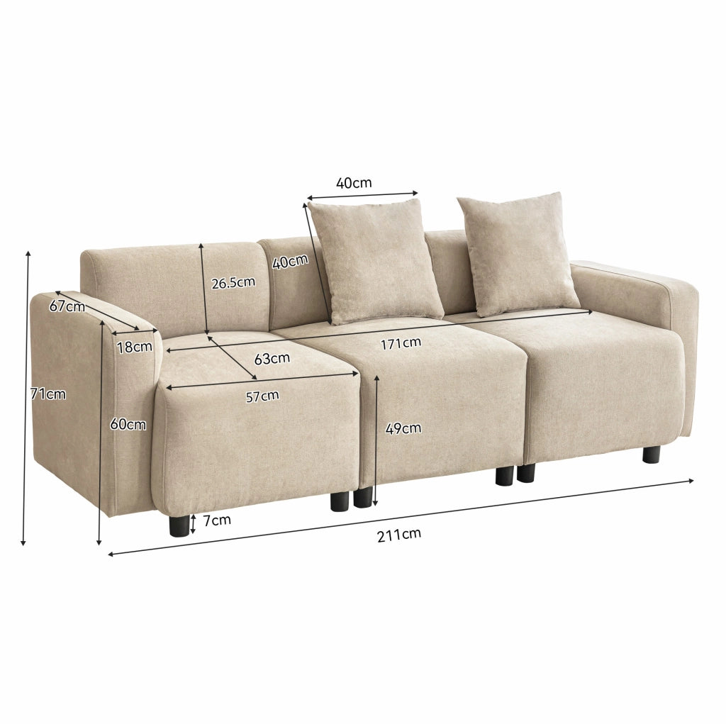 Divano 3 posti ULEVR 211 cm in ciniglia beige con 2 cuscini, schienale alto e braccioli arrotondati