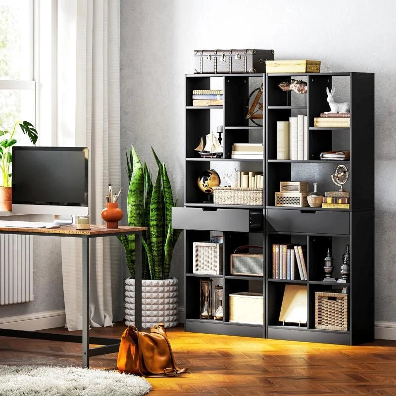 LIBRERIA MODERNA IN LEGNO CON CASSETTO CENTRALE E KIT ANTIRIBALTAMENTO, 60X26X158 CM, NERO