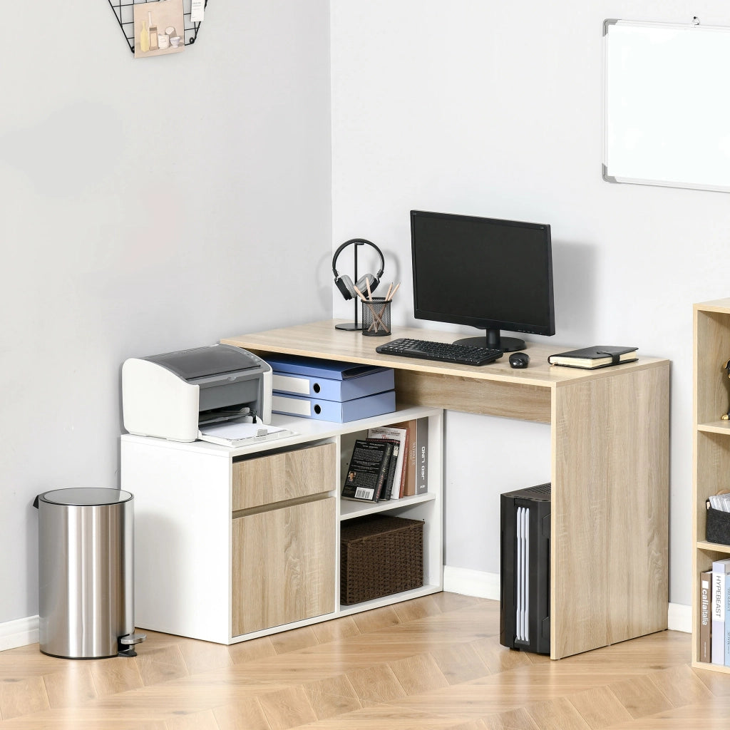 Scrivania Angolare, Scrivania ad Angolo per Computer da Camera o Ufficio, Scrivania Salvaspazio in Legno, Rovere e Bianco