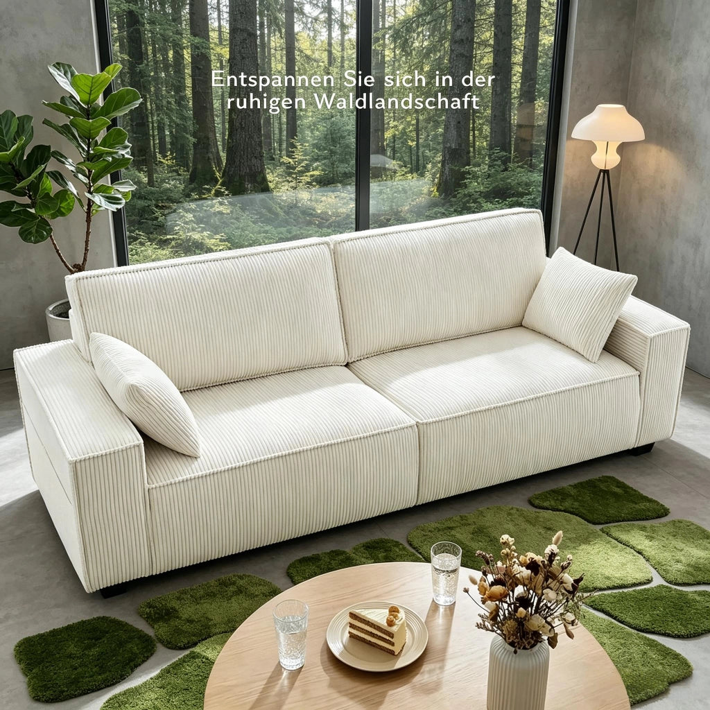 Divano lineare 3 posti con cuscini e braccioli larghi in velluto beige