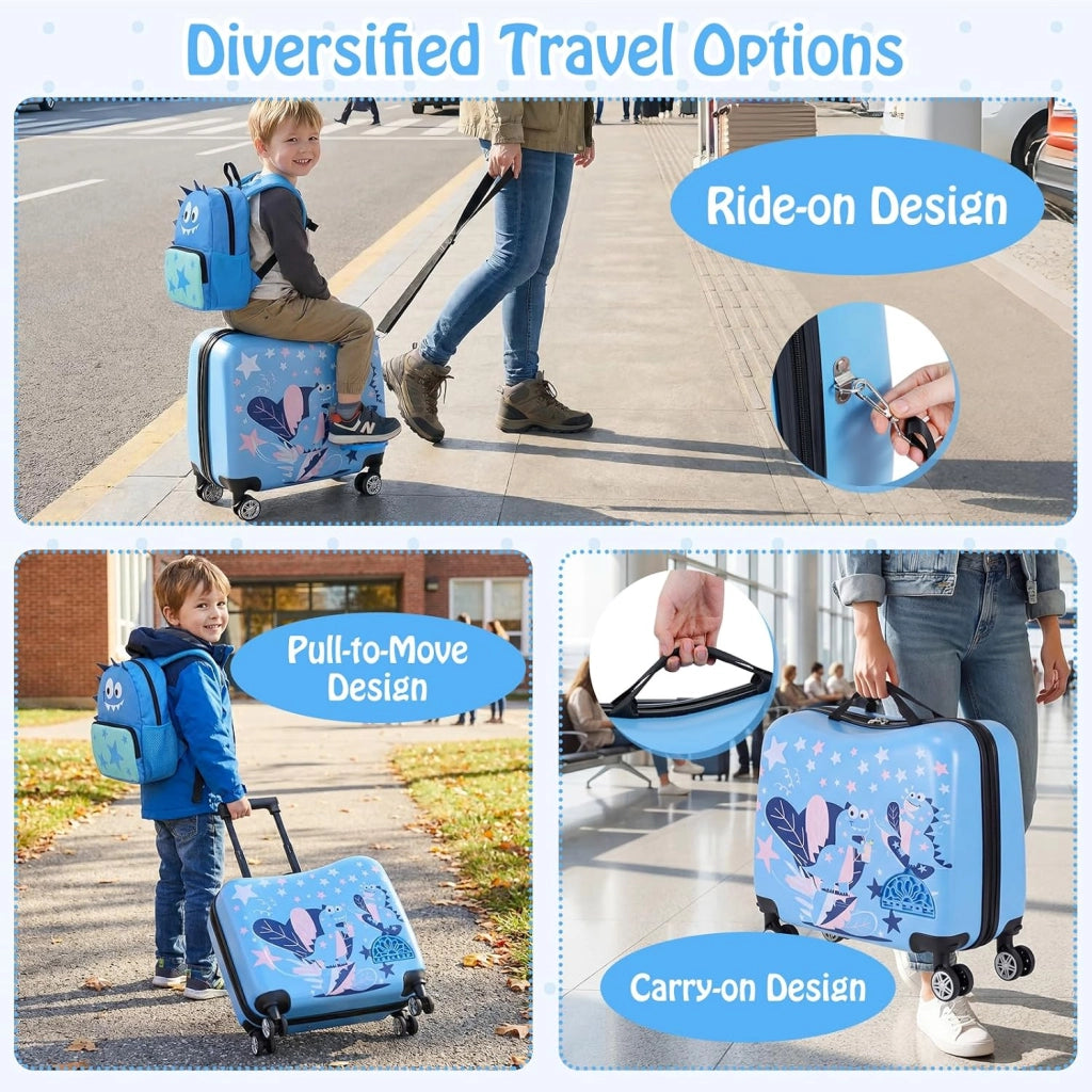 Set di Valigia Cavalcabile 18’’ + Zaino 12’’ per Bambini 2 Pezzi, Bagagli 2-in-1 di con Maniglia Telescopica e 4 Ruote, Trolley Bagaglio a Mano e Zaino per Bambini (Blu Dinosauro)