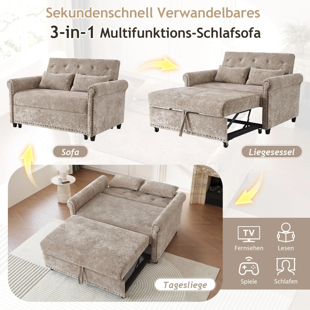 Divano letto 3 in 1 con schienale reclinabile a 3 posizioni e letto estraibile in tessuto chenille marrone grigio