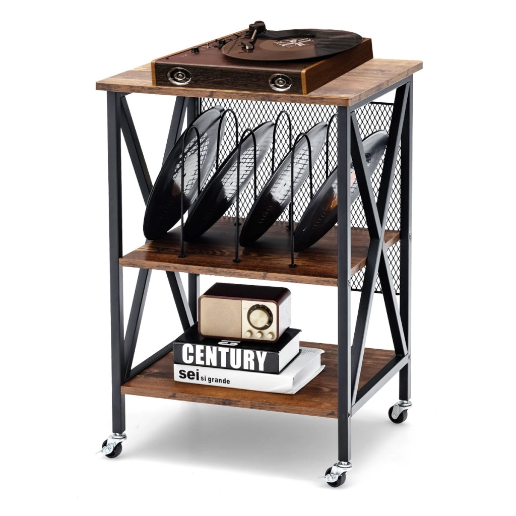 Supporto per giradischi con struttura in acciaio ruote bloccabili-Portadischi in vinile rustico Marrone