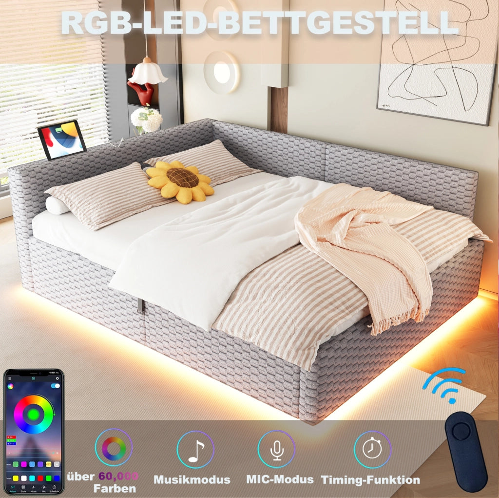 Letto imbottito multifunzione 140x200 cm in velluto grigio con LED; USB e contenitore