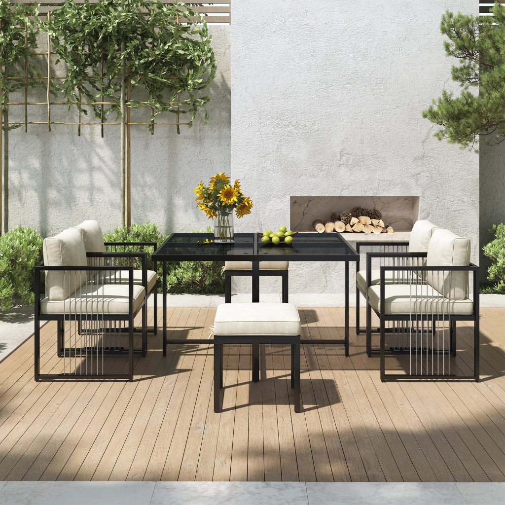 Set pranzo esterni 7 pezzi 6 persone: tavolo vetro temperato; nero/bianco